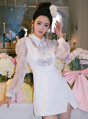 Maison Wester春季波嬉风法式宫廷风露背蕾丝拼接长袖裙子连衣裙