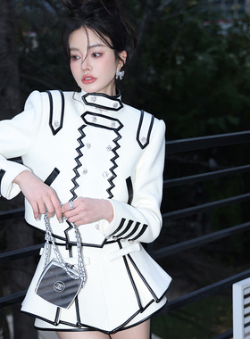 Maison Wester秋季气质澳毛白色拼黑色短款呢外套上衣裙裤套装