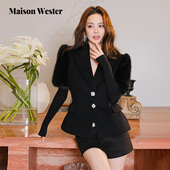 Wester2026早春新品 千金风上衣毛袖 双排扣修身 Maison 黑西装 外套