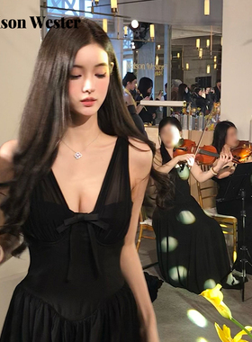 Maison Wester2025夏季新款黑色轻盈感网纱散摆连衣裙