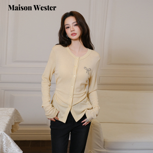 Wester2025秋季 饰抽腰开衫 新品 蝴蝶结装 休闲风圆领打底衫 Maison
