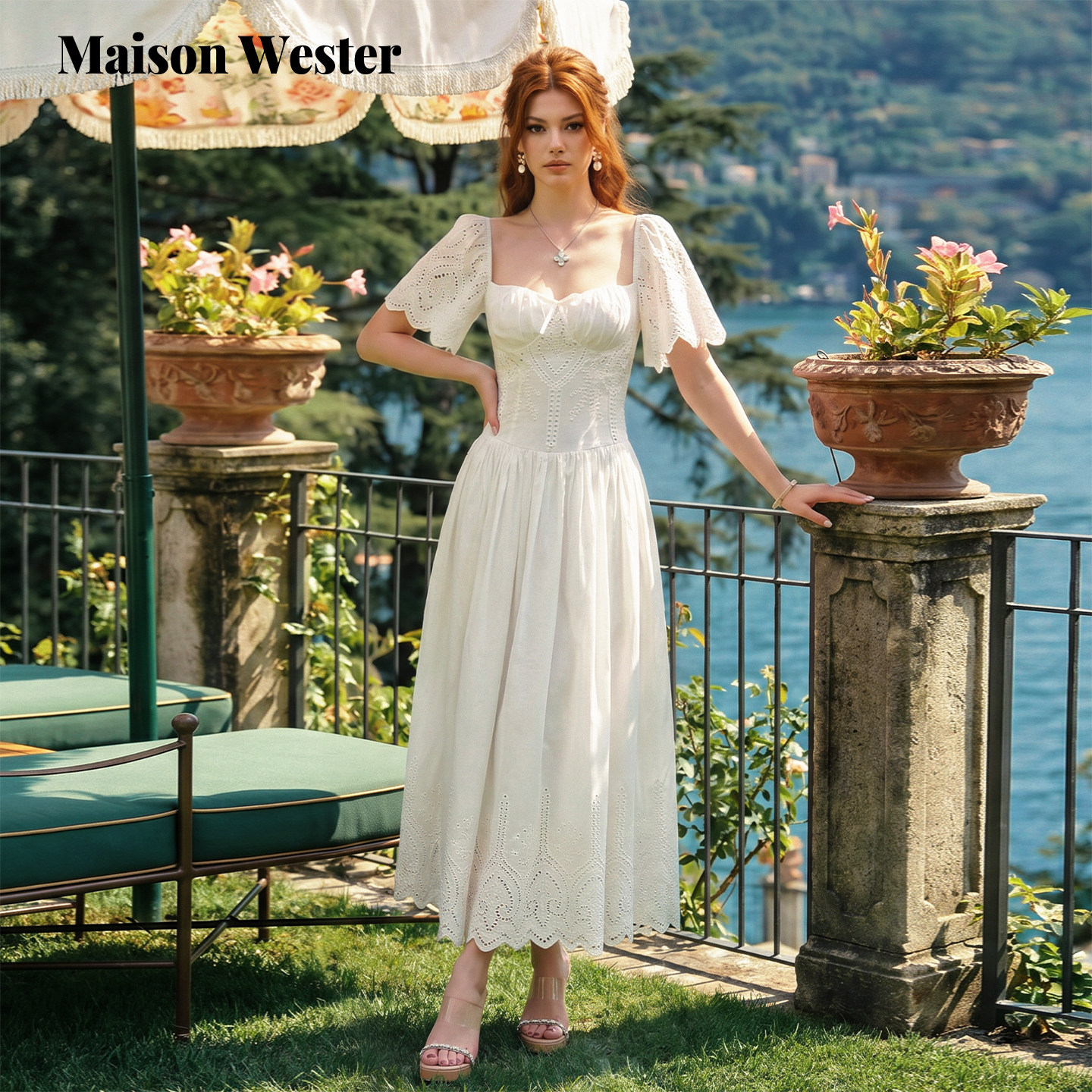 Maison Wester2026夏季新品白色镂空蕾丝方领收腰法式优雅连衣裙