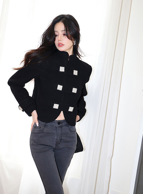 Maison Wester冬季女装流行黑色复古气质通勤双面短款上衣外套