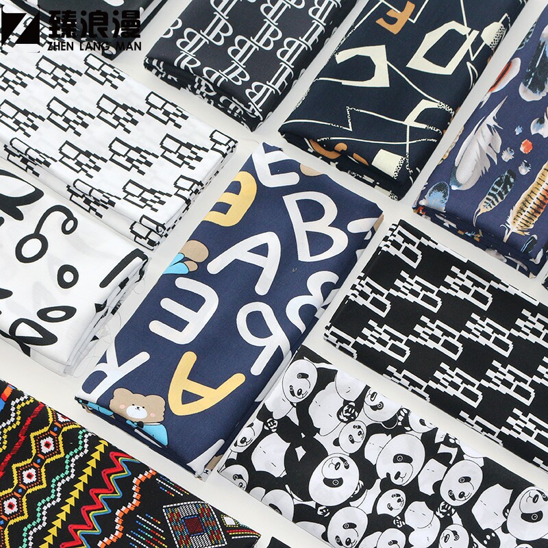棉绸布料被罩夏季流行字母涂鸦英文人造棉布料黑百搭防蚊裤子手工