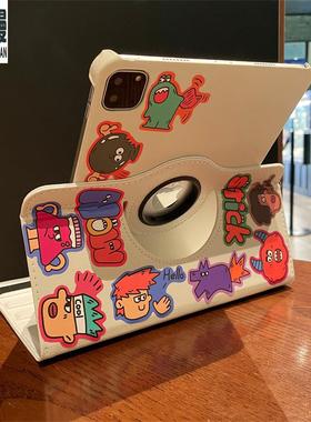 臻浪漫适用于ipadpro202211寸保护壳灰色ipad壳卡通涂鸦小怪兽贴纸ipad10代保护套10.2/Pro11/360旋转皮套Air