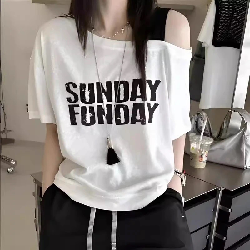 2025夏季斜肩吊带撞色字母休闲印花T恤雪花棉时尚宽松显瘦上衣ins