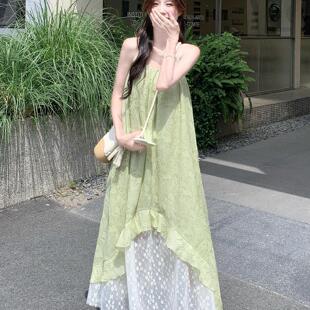 森系绿野仙踪度假风累死拼接吊带连衣裙女夏新款浪漫独特绝美长裙