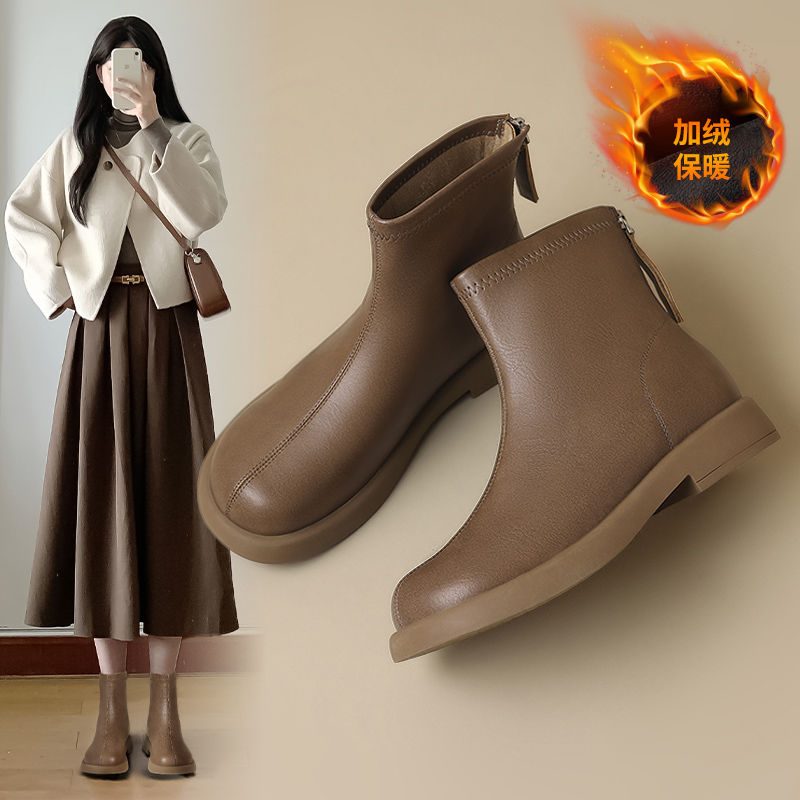 ZHR平底短靴女加绒2024秋冬新款女鞋及踝裸靴英伦风瘦瘦马丁靴子