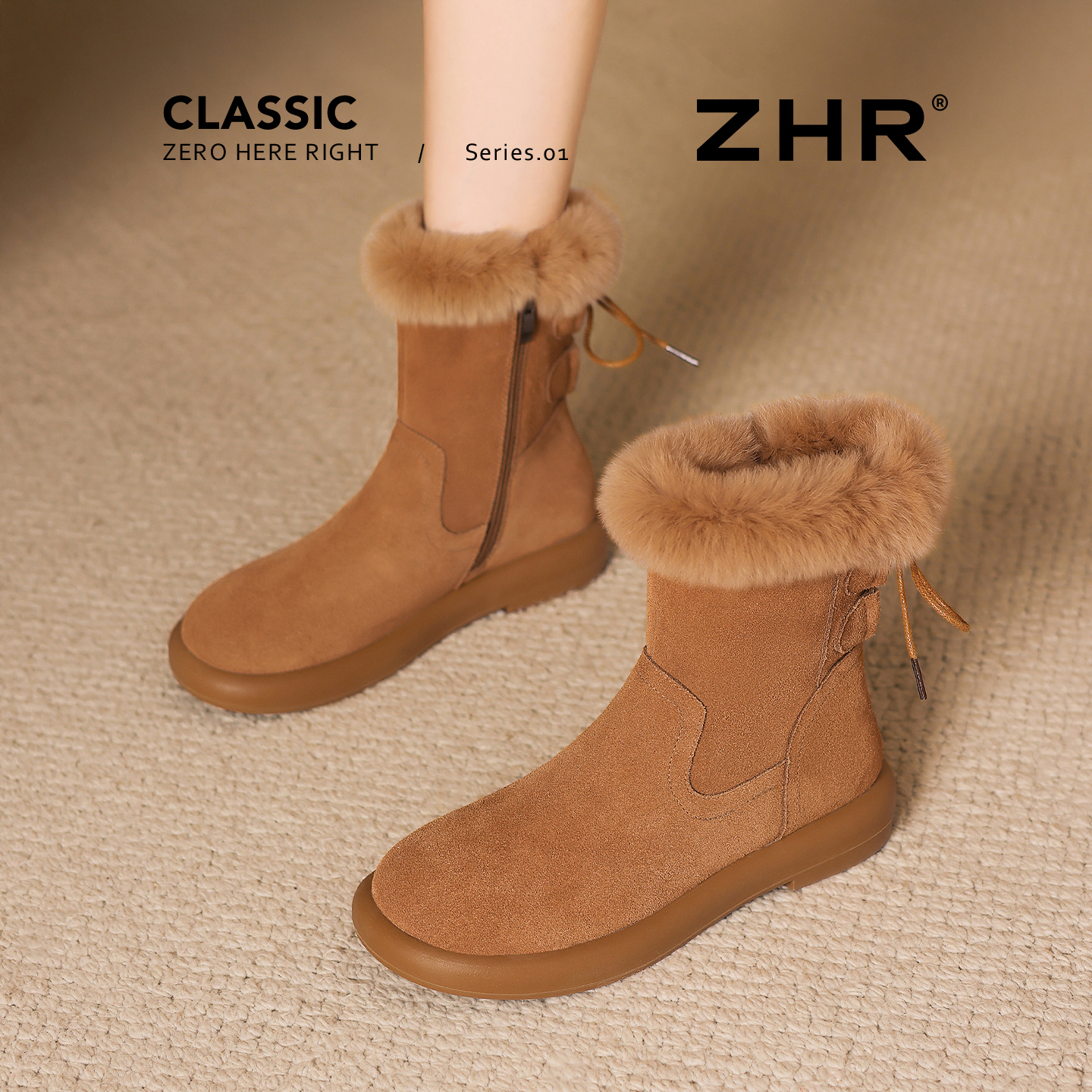 ZHR勃肯雪地靴女2025秋冬新款真皮厚底加绒保暖棉鞋抗寒毛毛短靴