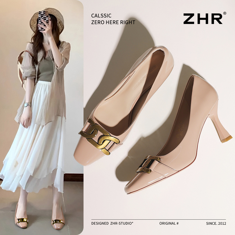 裸色气质细高跟浅口不累脚单鞋子