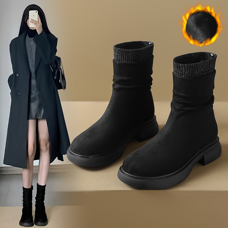 ZHR高级短靴女款2024新款冬季加绒马丁靴平底弹力瘦瘦靴复古靴子