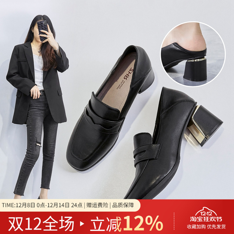 ZHR法式小皮鞋女2025春季新款粗跟单鞋中跟方头乐福鞋一脚蹬女鞋