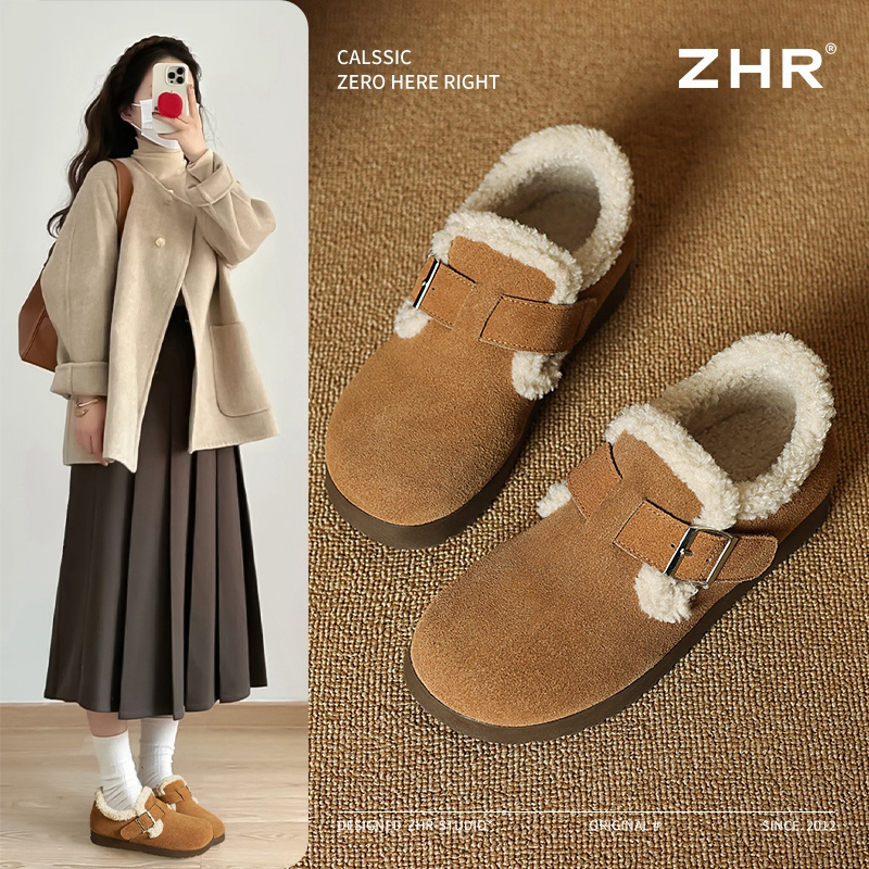 ZHR真皮勃肯鞋女秋冬2025新款厚底保暖棉鞋加绒加厚雪地靴毛毛鞋