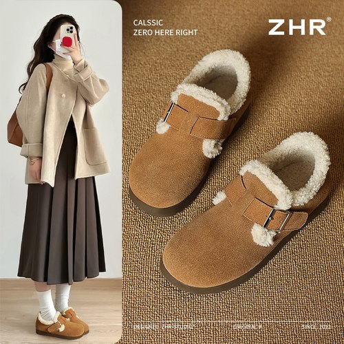 ZHR真皮勃肯鞋女秋冬2025新款厚底保暖棉鞋加绒加厚雪地靴毛毛鞋