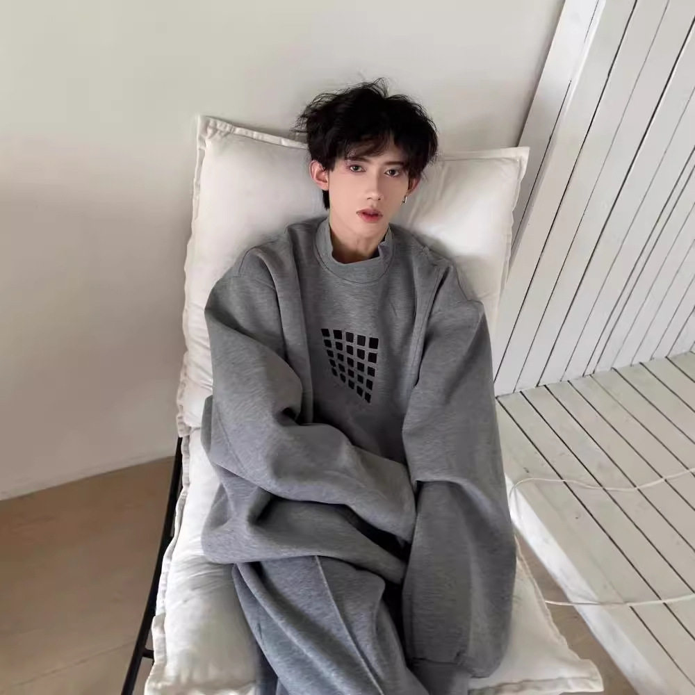 600g重磅灰色圆领卫衣男春秋高级感潮牌高街美式复古长袖内搭外套