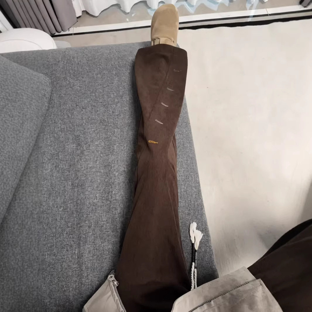灯芯绒彩色刺绣纽扣眼卫裤男春秋小众设计感阔腿裤子微喇休闲长裤图片