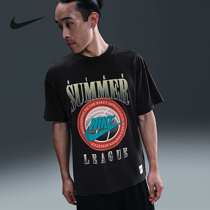 NIKE耐克短袖男2025夏宽松休闲图案印花篮球运动棉T恤HJ3435-010,运动服/休闲服装,运动T恤,淘宝优惠券,粉丝福利购,淘宝优惠卷