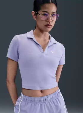 NIKE耐克女子夏短袖深V短款修身透气运动T恤针织POLO衫DV7885-533
