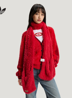 adidas阿迪达斯三叶草新年款红色毛绒口袋围脖26春女围巾 KH0284