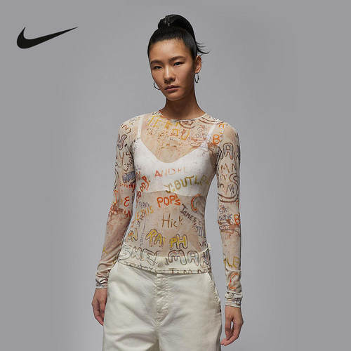 NIKE耐克女子长袖针织衫秋新款满印花轻薄透气修身T恤HQ9175-133
