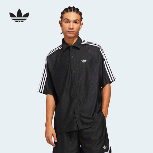 adidas阿迪达斯满印翻领衬衣T恤2026夏中性按扣短袖衬衫 KA9356