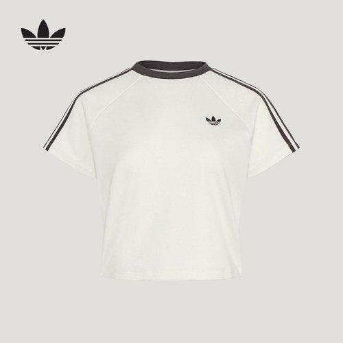 adidas阿迪达斯三叶草条纹撞色修身短袖2026春女时尚T恤 KY8479