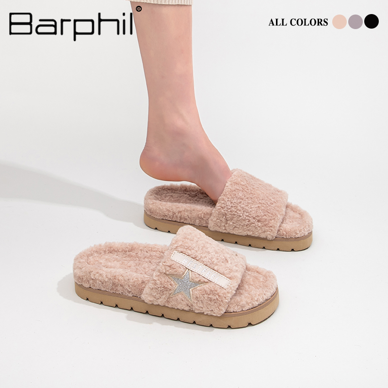 Barphil外穿棉拖鞋女2024年春季新款百搭防滑厚底毛毛拖鞋星星鞋