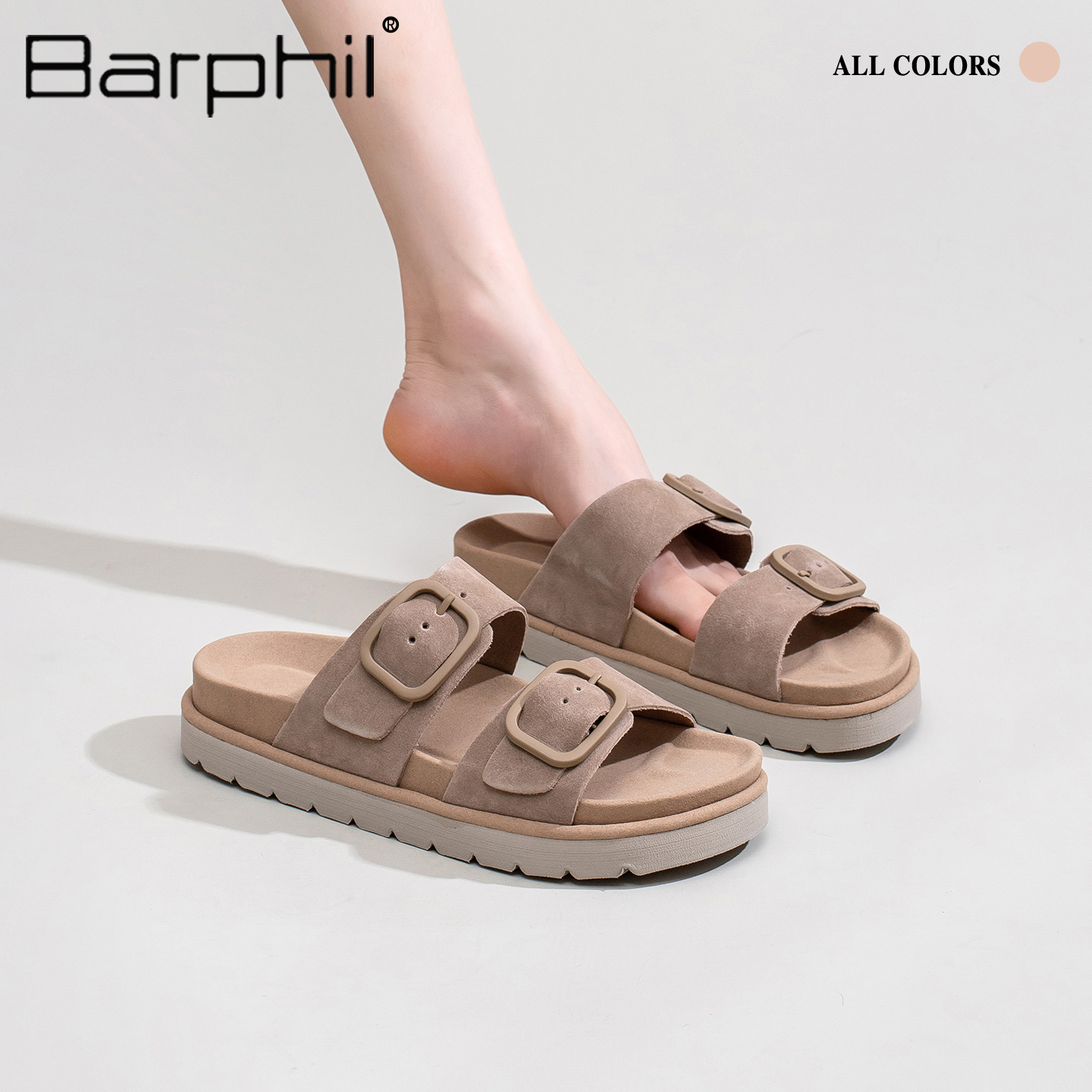 Barphil拖鞋女2025春秋新款外穿防滑厚底双扣带时尚舒适凉拖牛皮