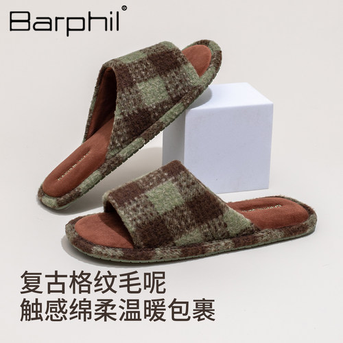 Barphil拖鞋女2026新款秋冬室内家居防滑情侣格子复古男款棉拖鞋