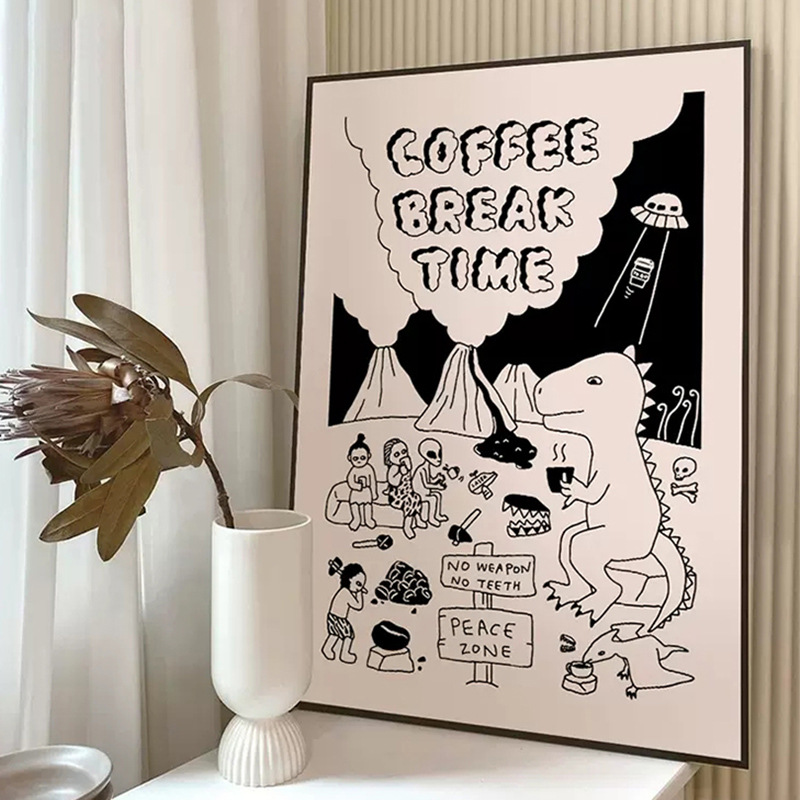 艺术海报黑白卡通线描恐龙儿童房装饰画复古创意ins风咖啡厅餐厅图片
