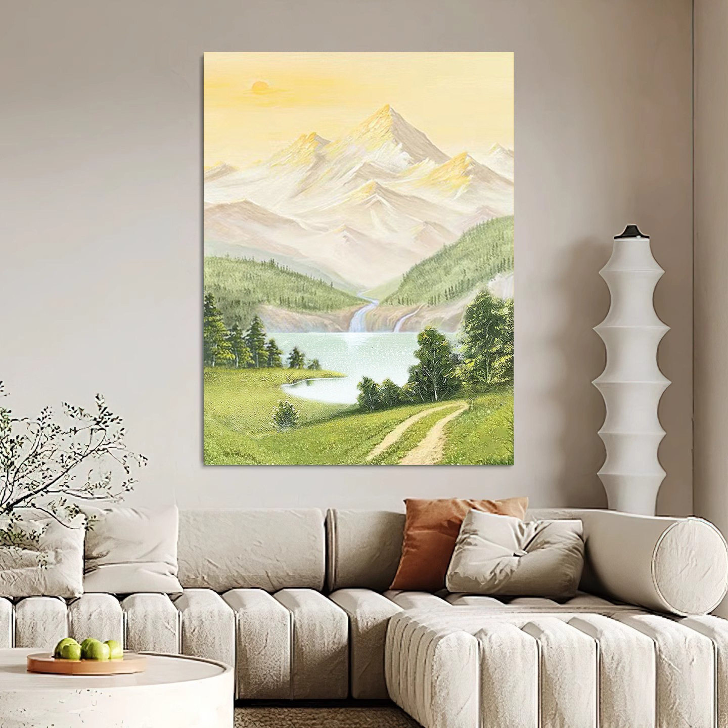 手绘山水油画金山碧水侘寂风客厅装饰画肌理画餐厅风景装饰画