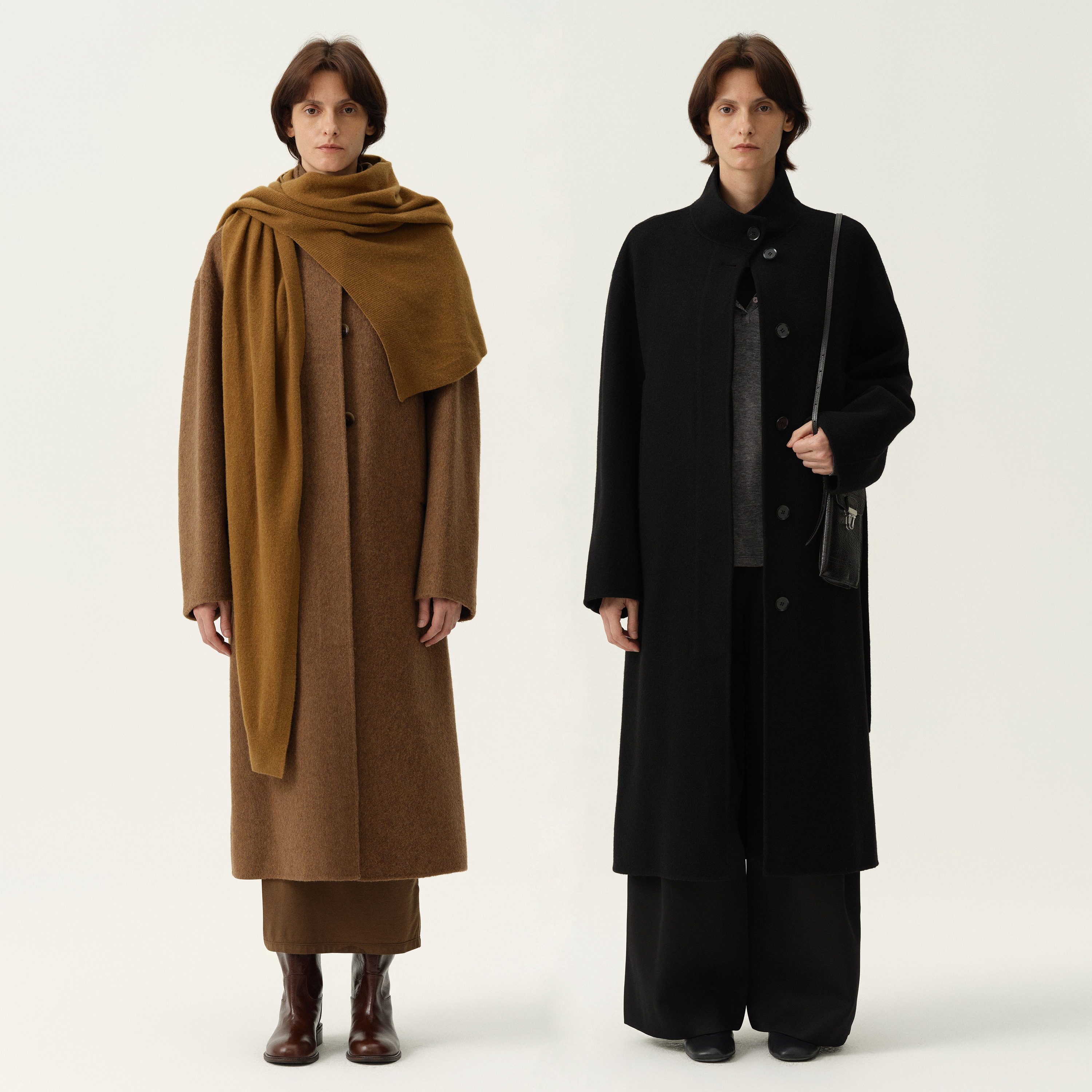 白弓骆驼绒中长款毛呢大衣