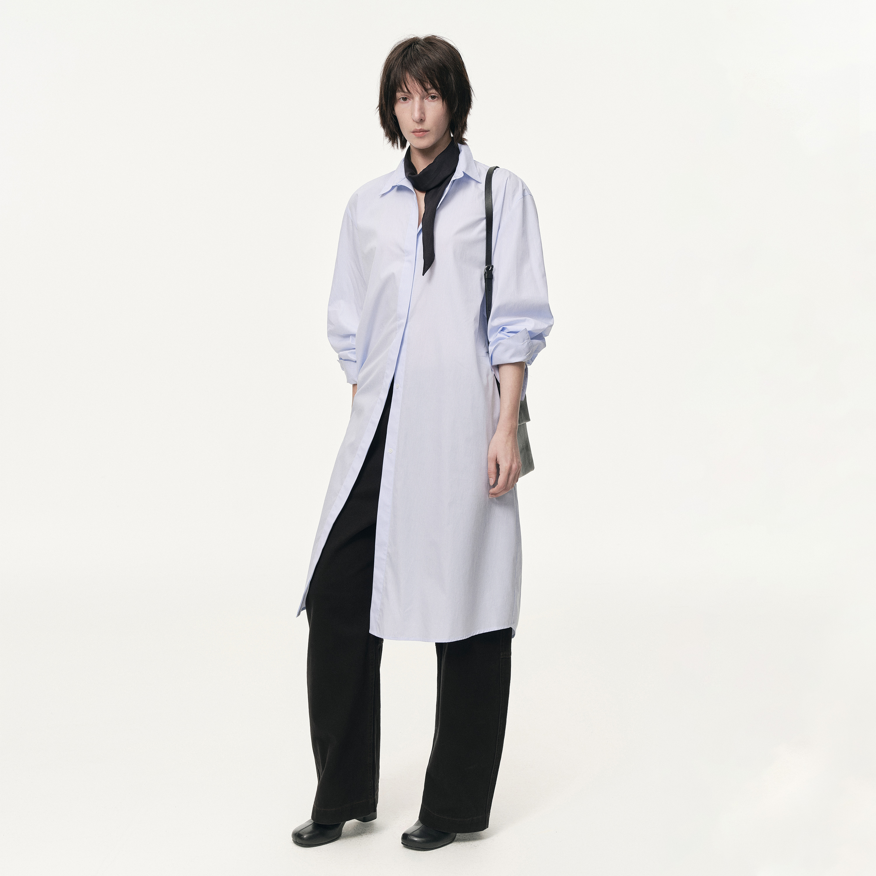 白弓100%棉清冷气质极简设计感中长款长袖条纹衬衫女新款56699