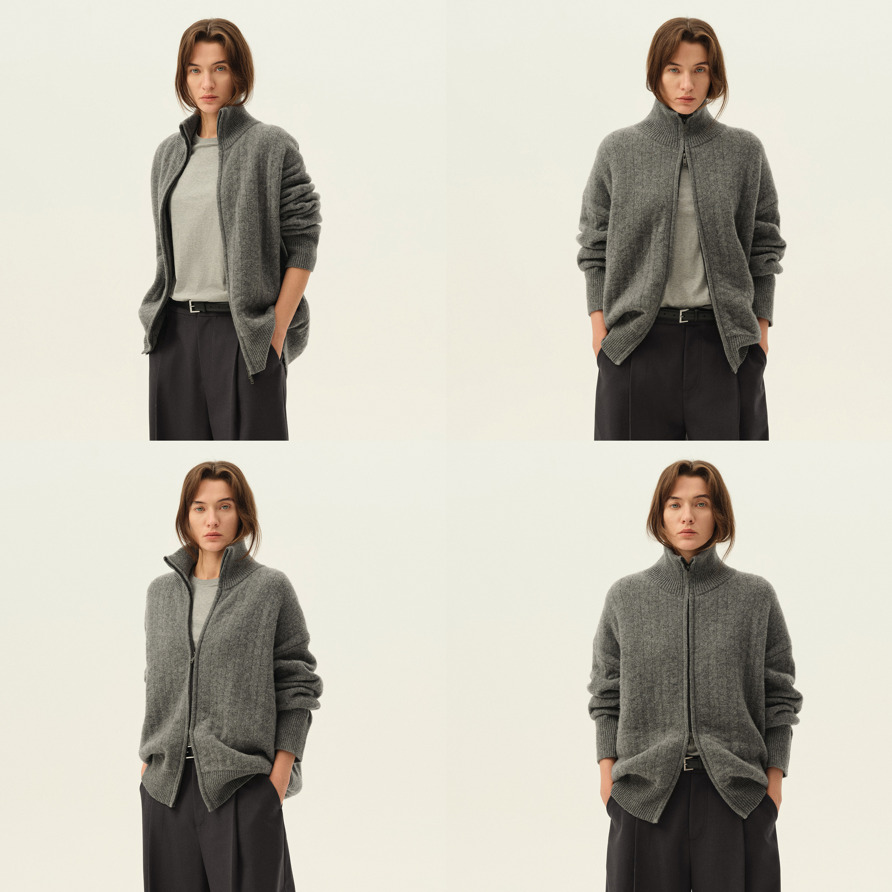 白弓美式复古磨毛立领开衫毛衣