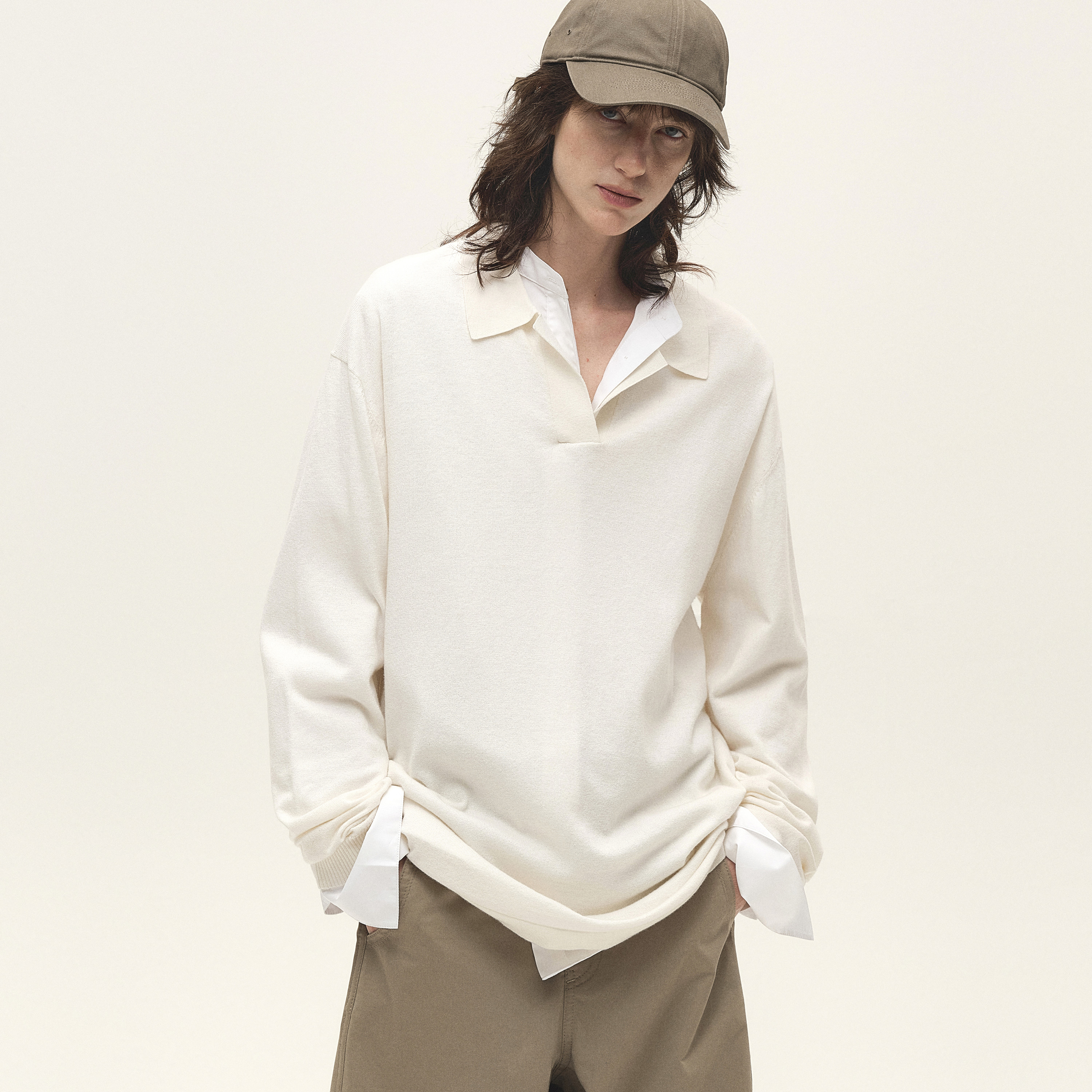 白弓*率性都市感宽松绵羊毛POLO领长袖毛衣上衣女秋季新款55308