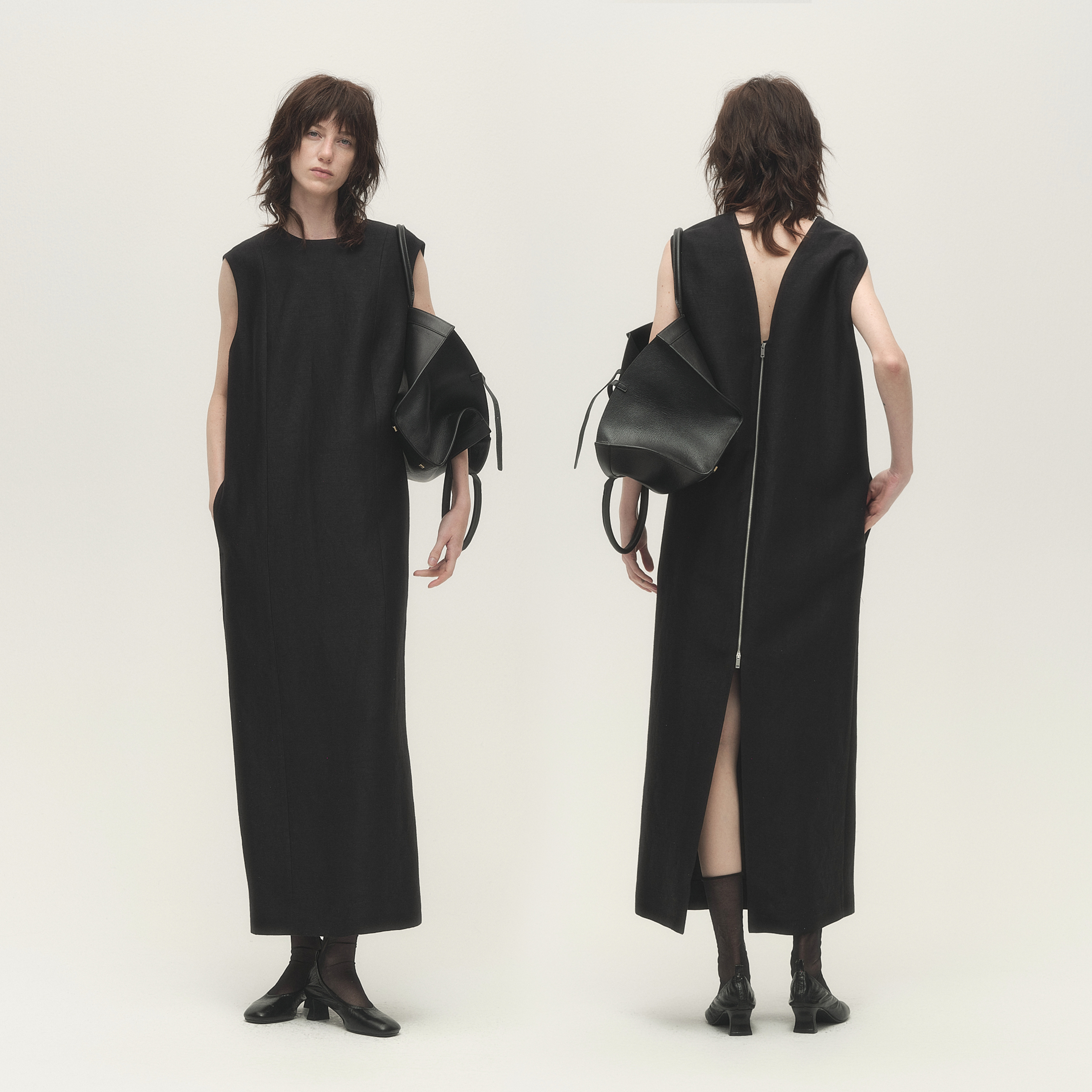 白弓“亚麻系列”时髦轻社交感后拉链背心连衣裙长裙秋新款53595