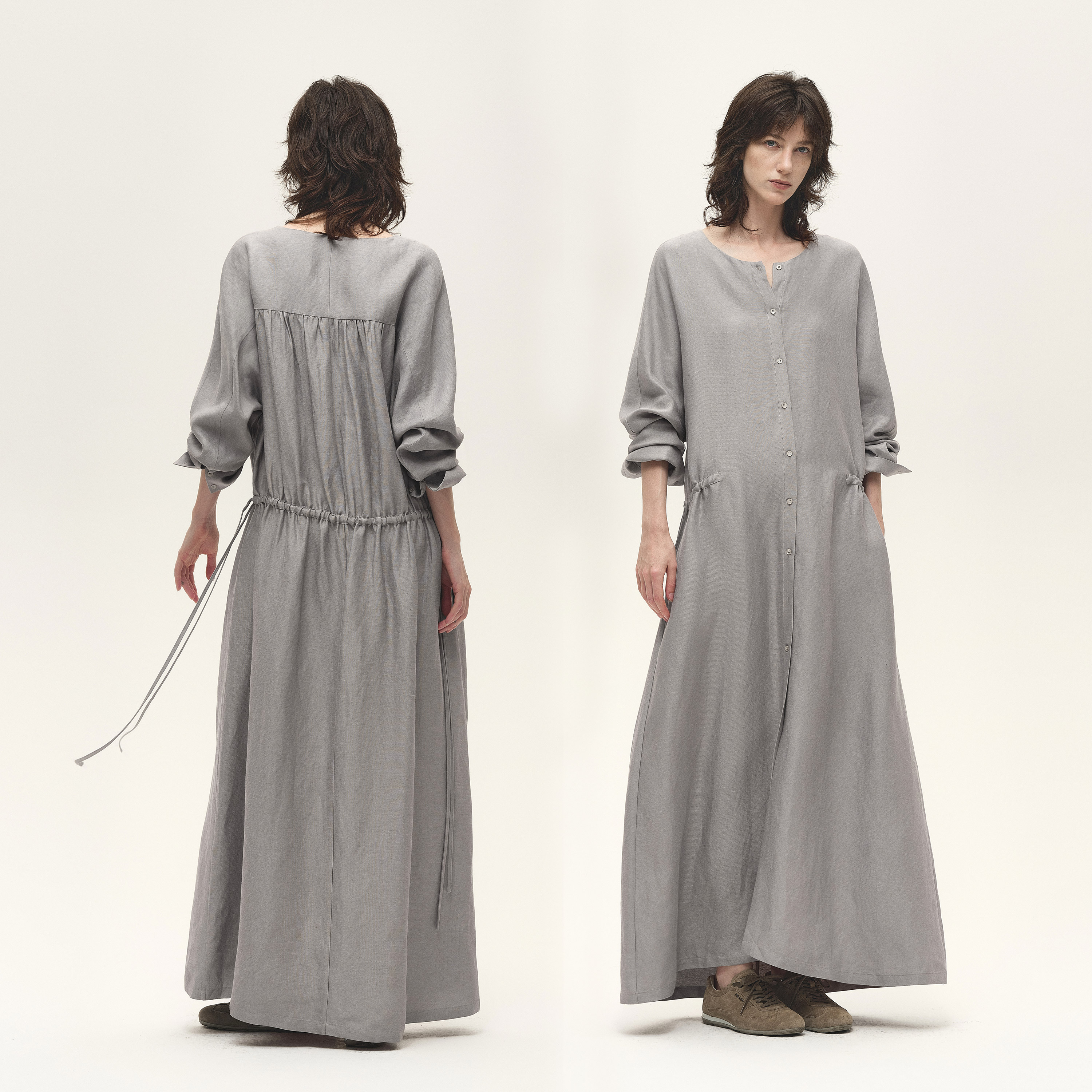 白弓“亚麻系列”清冷设计感可抽绳收腰宽松长袖衬衫连衣裙55828