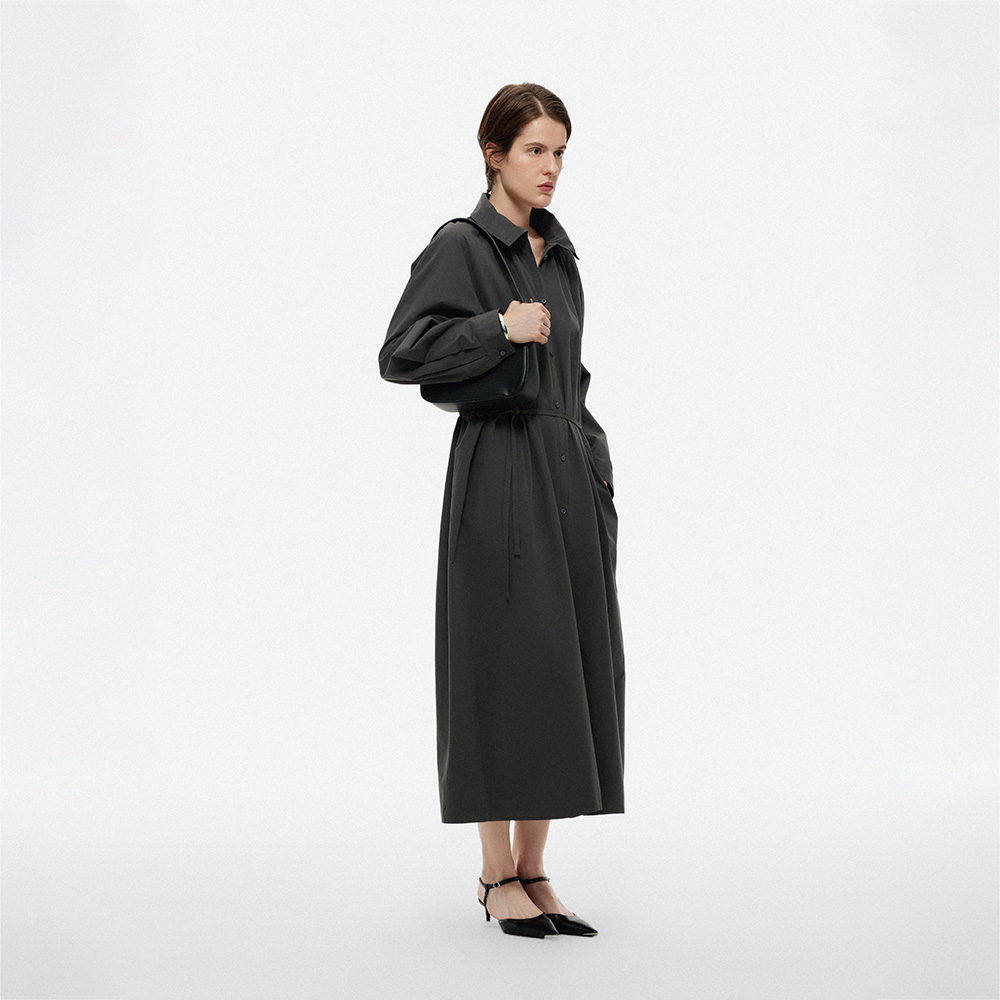 白弓立领长款风衣式衬衫连衣裙