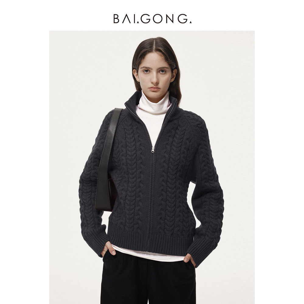 白弓休闲绵羊毛拉链开衫毛衣