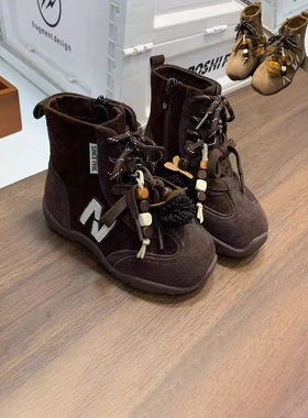 netx LONG女童单靴秋冬新款棕色女大童磨砂皮翻毛皮真皮马丁短靴