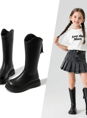 netx GJLG 女童模特走秀长筒靴2025新款儿童公主鞋小女孩黑色皮靴