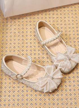 netx sara女童水晶公主鞋新款蝴蝶结女孩单鞋儿童软底防滑演出鞋