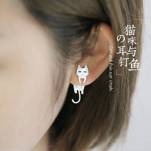 花芽猫咪耳钉纯银气质个性简约