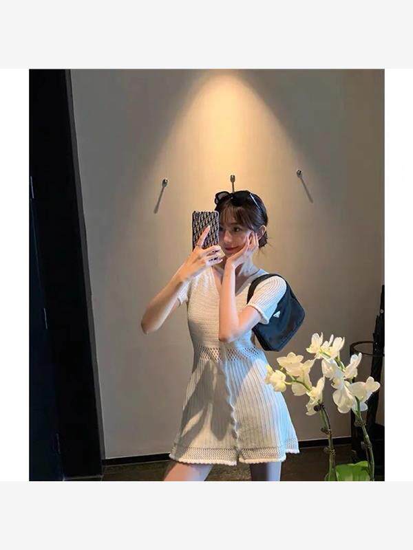 纯欲风v领针织短袖连衣裙女夏季修身杏色短裙气质收腰显瘦a字裙子