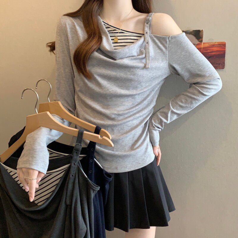 大码胖MM春季新款撞色拼接假两件露单肩美式长袖上衣T恤