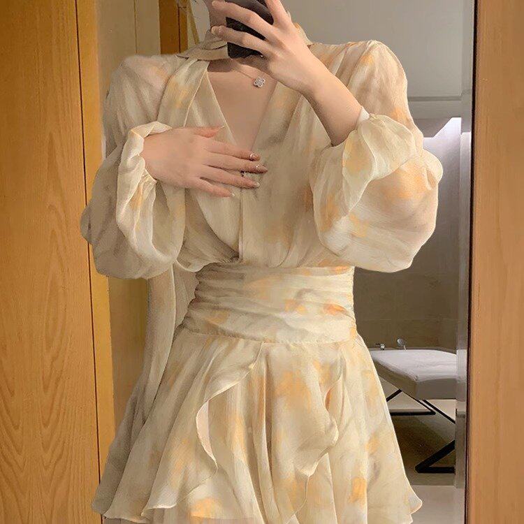 挂脖雪纺连衣裙女2026早春新款大码胖mm收腰显瘦碎花裙