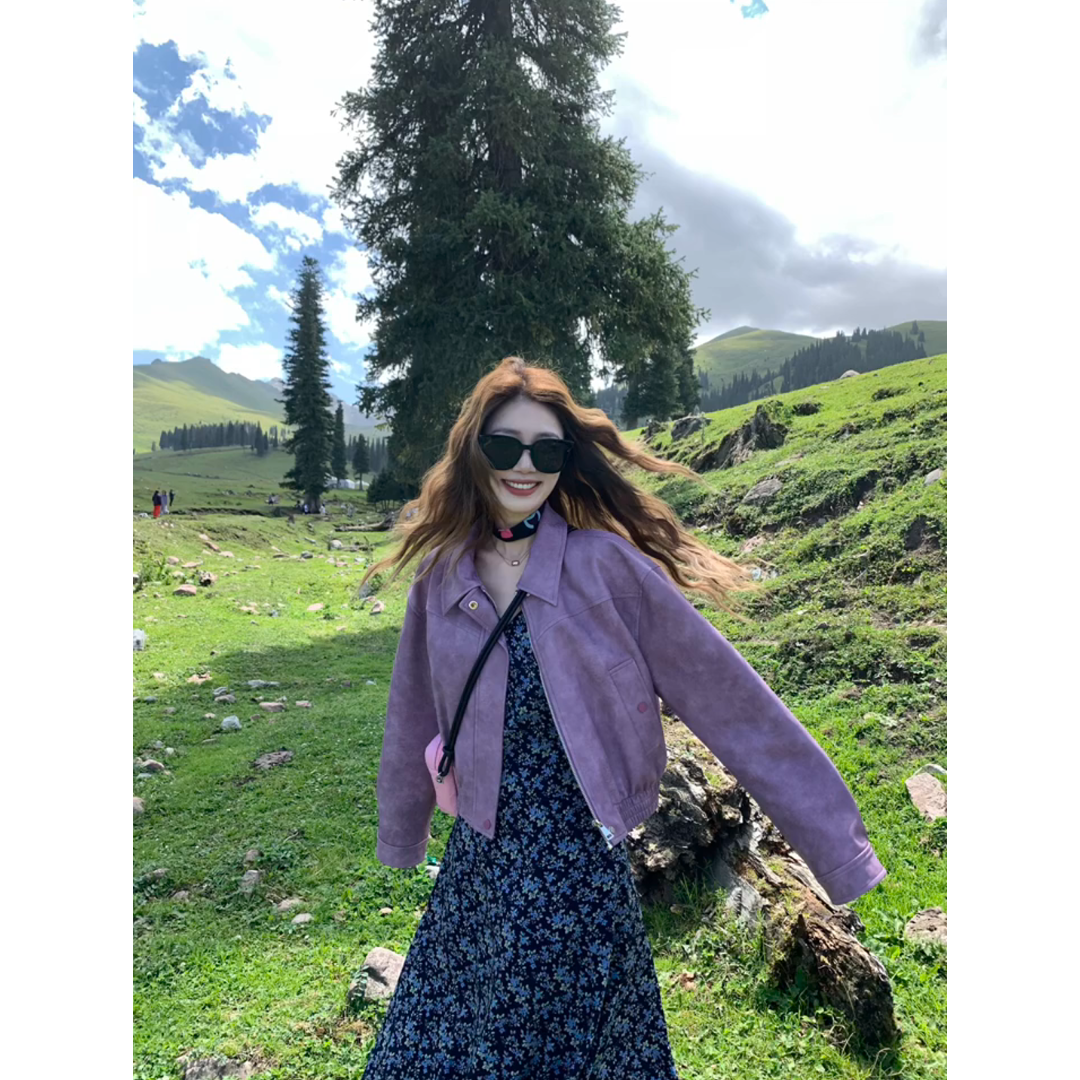 美式紫色夹克外套早秋短款女小个子韩版气质碎花连衣裙