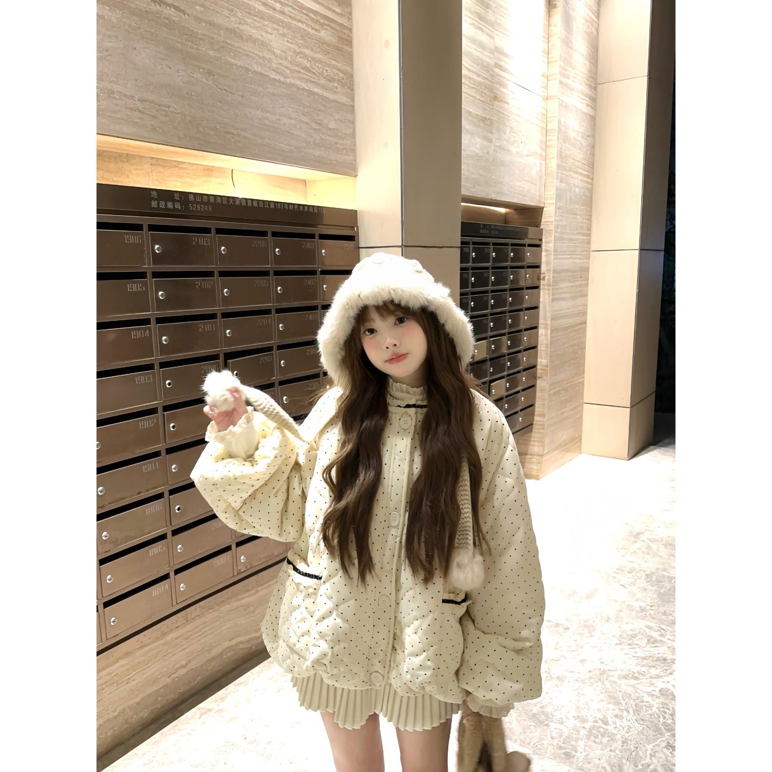 2025年甜美风波点花边长袖棉服外套女冬季减龄加厚宽松显瘦棉衣