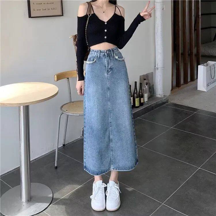 毛边设计感小众开叉牛仔半身裙女夏季新款韩版A字遮肉显瘦中长裙