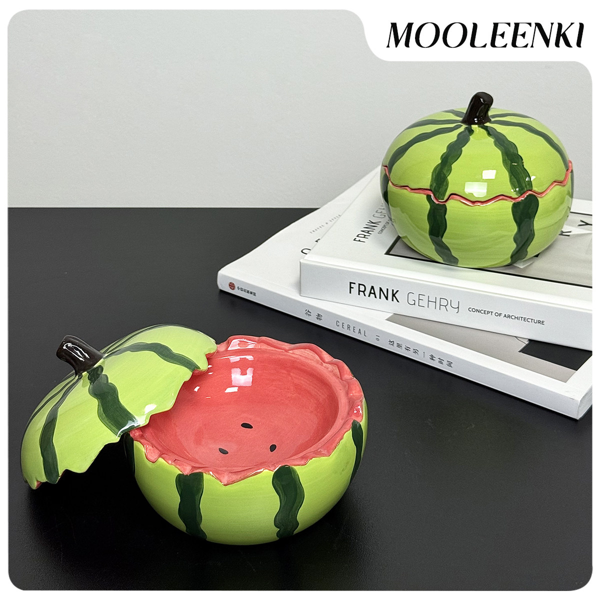慕伦奇创意西瓜陶瓷烟灰缸个性家用办公室带盖茶几防飞灰烟缸摆件